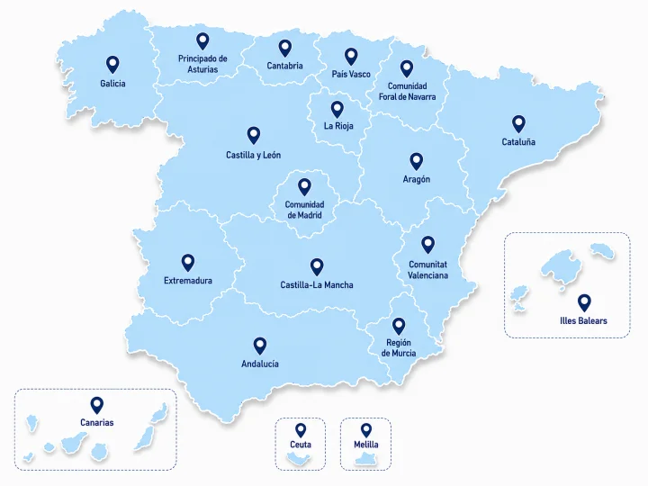 Mapa de España por comunidades autónomas con cobertura nacional de DILESA